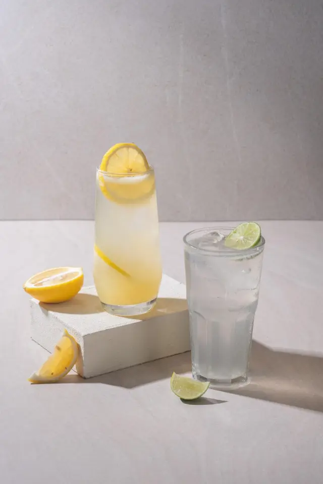 Homemade lemonade and sparkling Churchill with fresh lemon