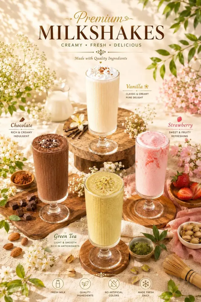 Premium milkshakes in four flavours: vanilla, chocolate, strawberry and green tea